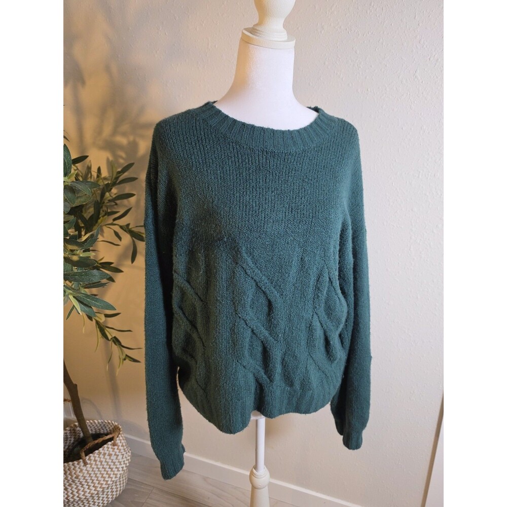 Hollister Women’s Small Dark Green Cable Knit Crewneck Sweater Cozy Preppy
